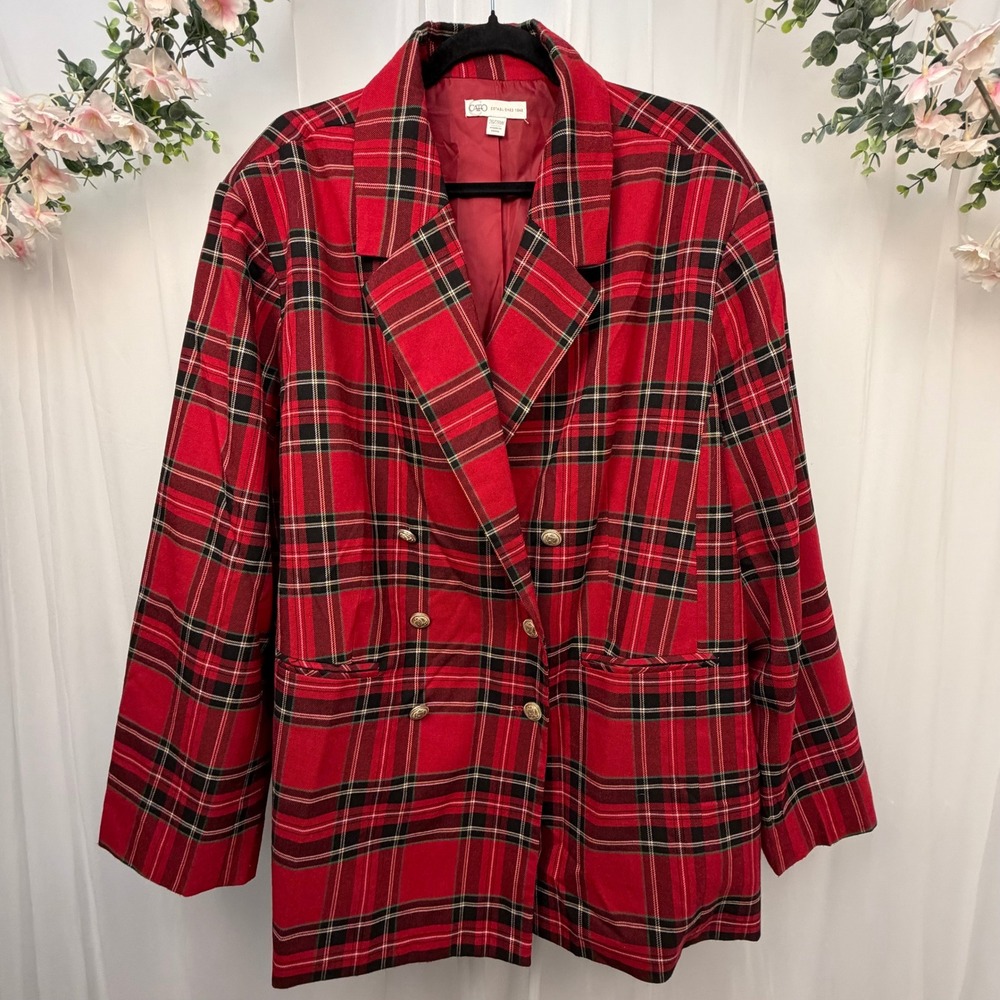 Cato Red Tartan Plaid Double Breasted Blazer Gold Buttons Plus Size 26/28W